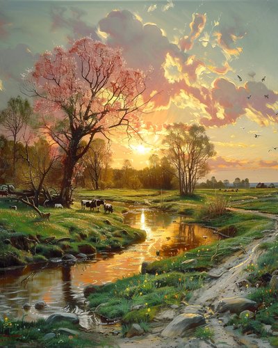 Gün Batımında Güzel Manzara, Duvar Dekorasyonu için Tuval Modern Manzara by F. Abderrahim