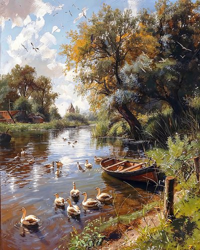 Sessiz göl, kuşlar ve ahşap tekne, yatak odası için duvar dekoru by F. Abderrahim