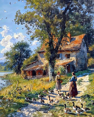 köylü kız ördek sürüsüne bakıyor, Satılık Duvar Dekoru by F. Abderrahim