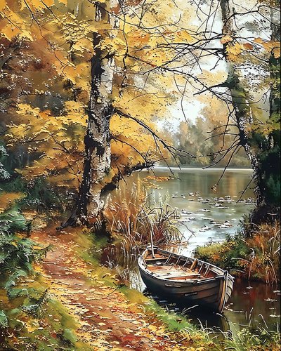 Büyülü bir gölün ortasında ahşap bir tekne, Satılık Duvar Dekoru by F. Abderrahim