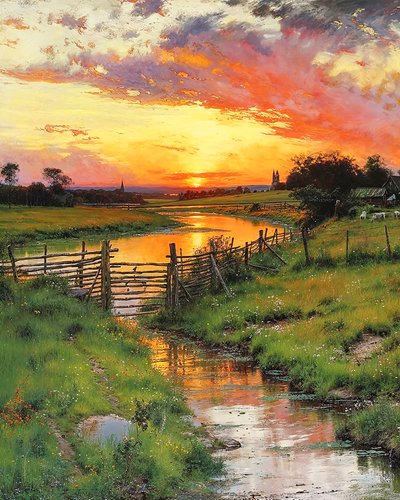 Kırsalda dolambaçlı bir dere üzerinde gün batımı, online sanat baskıları by F. Abderrahim