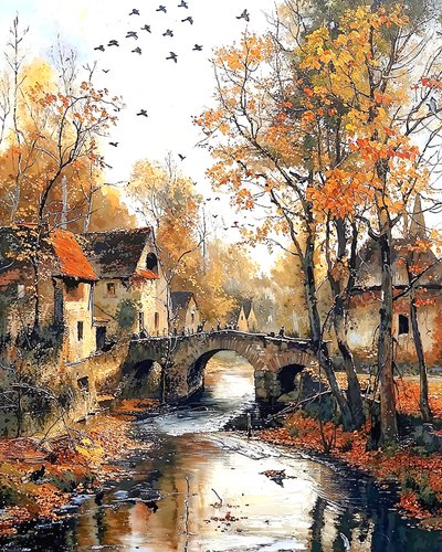 Geleneksel ev ve nehir üzerindeki köprü, duvar çerçevesi dekorasyonu by F. Abderrahim