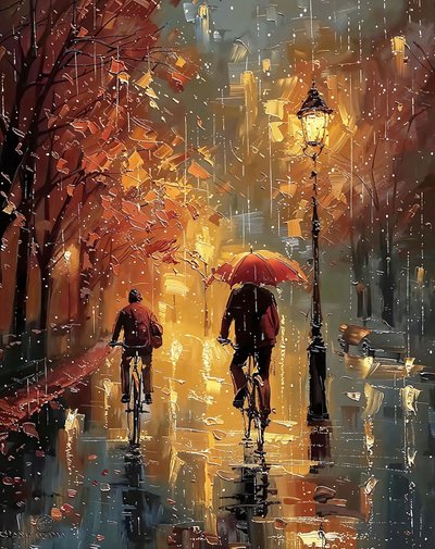 Yağmur altında bir caddenin ortasında bisiklet süren bisikletçiler, Oda için Duvar Dekoru by F. Abderrahim