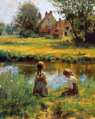 Kırsalda evin dışında oynayan çocuklar, kanvas tablo by F. Abderrahim