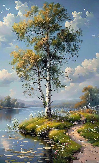 Ufka uzanan bir ağaç ve dere, Parlak renkli bir manzara by F. Abderrahim
