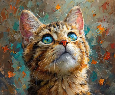 Mavi gözlü sevimli bir kedi yukarı bakıyor, yakın çekim hayvan yüzü, duvar dekoru by F. Abderrahim