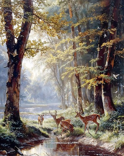 Ağaçların arasında gölden su içen bir geyik, yağlıboya tuval baskı by F. Abderrahim