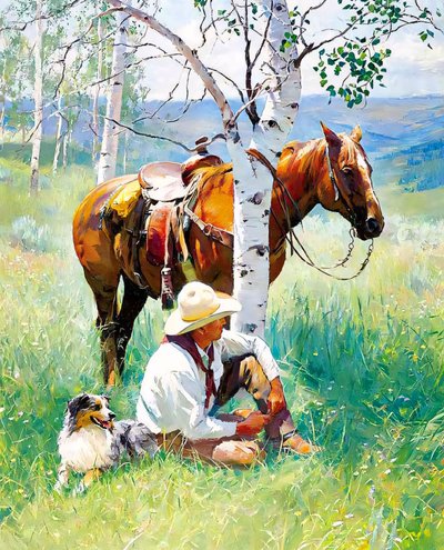 Bir şövalye, köpeği ve atı bir ağacın altında dinleniyor, duvar dekoru fikirleri by F. Abderrahim