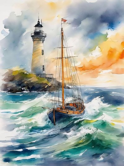 Deniz feneri, dalgalar ve deniz dalgaları içinde bir tekne Resim, modern duvar dekoru by F. Abderrahim