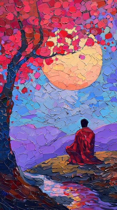 Ağaç altında meditasyon yapan adam, kanvas tablo, çerçeveli duvar dekoru by F. Abderrahim