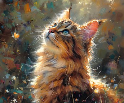 Kabarık kedi yukarı bakıyor, Sevimli evcil hayvan Gerçekçi resim, çerçeveli duvar dekoru by F. Abderrahim