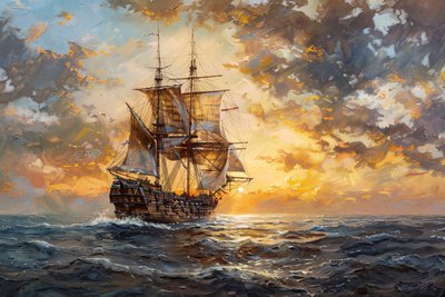 Yağlı boya Gün batımında okyanusta korsan gemisi, çerçeveli duvar dekoru by F. Abderrahim