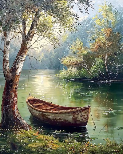 Suda oturan eski ahşap tekne illüstrasyonu, duvar dekor fikirleri by F. Abderrahim