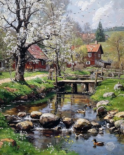 İlkbaharda Değirmen Kulübesi, Kanvas Tablo Üzerine Yağlıboya, çerçeveli duvar dekoru by F. Abderrahim