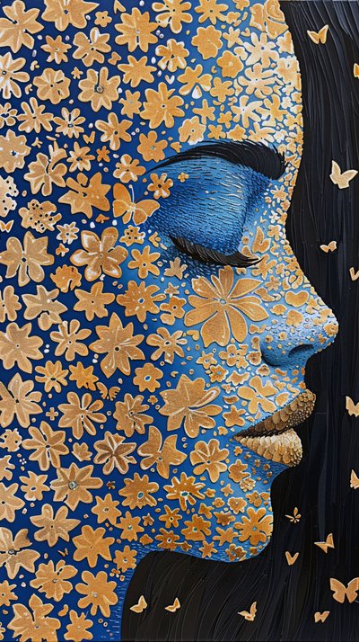 Kadın yüzü, Altın folyo Robotik Rangoli çiçek gücü, duvar dekor fikirleri by F. Abderrahim