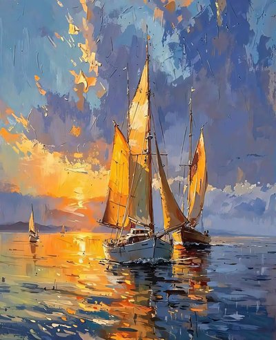 Gün batımında sakin deniz suyunda yatlar, Yelkenli tekneler duvar dekoru by F. Abderrahim