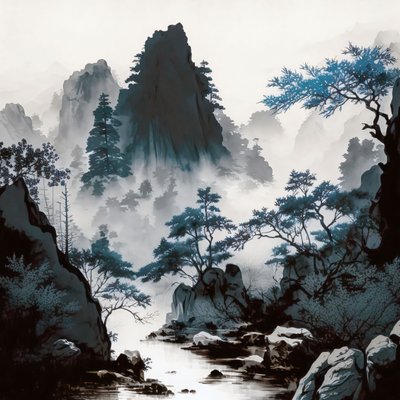Shan Shui Stilinde Cyanotype Dağ Nehir Sisi, çerçeveli duvar dekor baskıları by F. Abderrahim