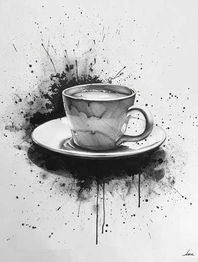 Kahve Lekesi Vurgulu Minimalist Tek Çizgili Noir Sahne, online sanat baskıları by F. Abderrahim