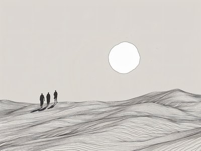 Minimalist Eskiz, Çöl Güneşi Alayında Yürüyen Adamlar, online sanat baskıları by F. Abderrahim
