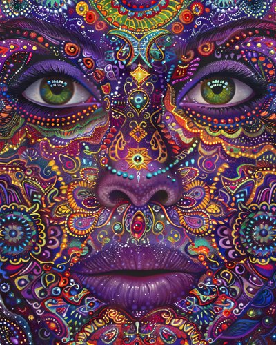 Renkli Yüzlü Psychedelic Kadın Spiritüel ve Mandala Desenleri, kanvas tablo by F. Abderrahim