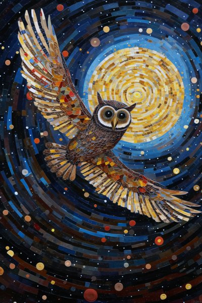 Yıldızlı Gece Gökyüzünde Uçan Baykuş, online özel kanvas tablo by F. Abderrahim