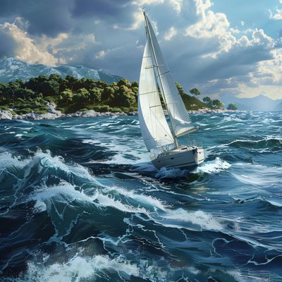 Deniz Kıyısında Beyaz Yelkenli Yat, Hırvatistan Sahili, Doğal Aydınlatmalı by F. Abderrahim