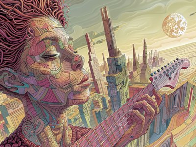 Gerçeküstü fütüristik bir sahnede müzik çalan genç adam, çerçeve duvar dekor baskıları by F. Abderrahim