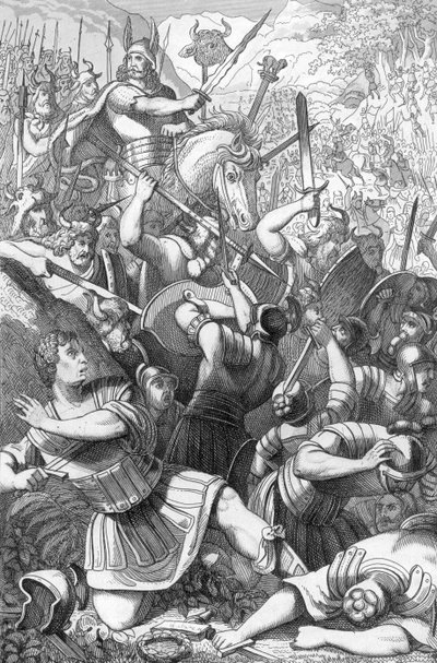 Cheruscan şefi Arminius (MÖ 18-MS 21), Teutoburg Savaşı'nda (Teutoburger Wald veya Teutberg) MS 9'da Romalılara Almanlara karşı karşı çıkıyor (Arminius komutasındaki Cheruscans (Hermann), Teutoburg Ormanı'nda Varus komutasındaki 17.-19. Roma Le by 19th Century Polish School