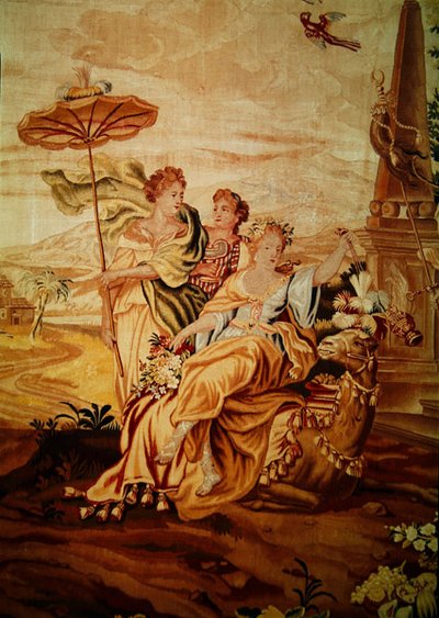 Asya, dünyanın dört bir köşesinden bir goblen, merkezde devenin yanında bir grup figürün detayı (194760 detayı) by A. Baertams