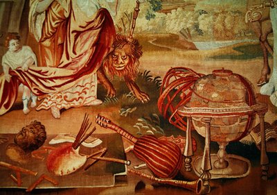 Avrupa, dünyanın dört bir köşesinden bir goblen, sağ alt taraftaki müzik aletlerinin detayı, 18. yüzyılın başı by A. Baertams