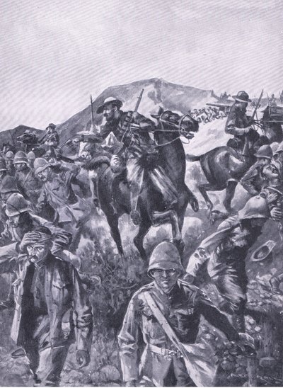 Boers bir deniz silahını çıkarırken İngiliz mahkumlar bir ekran olarak araya girdi, Harmsworth Bros Limited tarafından yayınlanan After Pretoria: The Guerilla War, 1901 by A. C. Ball