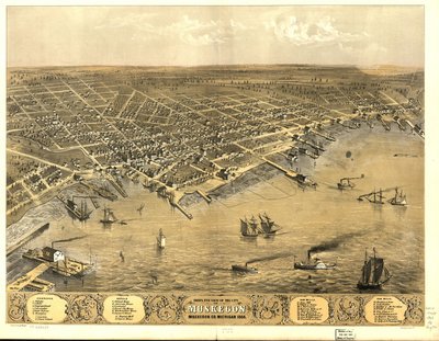Muskegon şehrinin kuşbakışı görünümü, Muskegon Co., Michigan 1868. by A.; Chicago Lithographing Co. Ruger