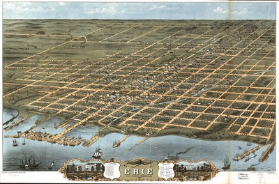 Erie şehrinin kuşbakışı görünümü, Erie County, Pensilvanya 1870. by A. Chicago Lithographing Co. Ruger and Stoner Ruger