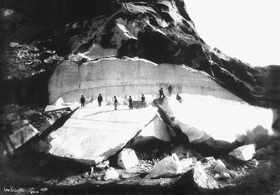 Several men on a visit to the "Fabbricotti in Gioja" quarries in the Apuan Alps, in Tuscany (b/w photo) by A. Corsini