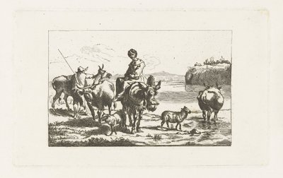 Bir katır üzerinde bir çoban ve inekler ile bir çoban ile manzara by A. Dickhof (signed by artist)
