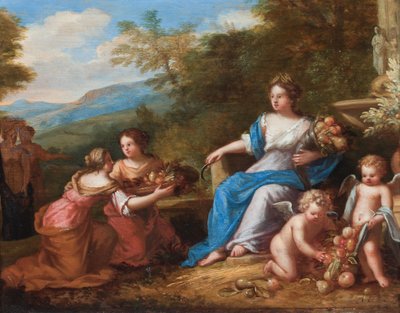 Ceres meyve sunan putti ile otururken. (tuval üzerine yağlıboya) by A. Diennen