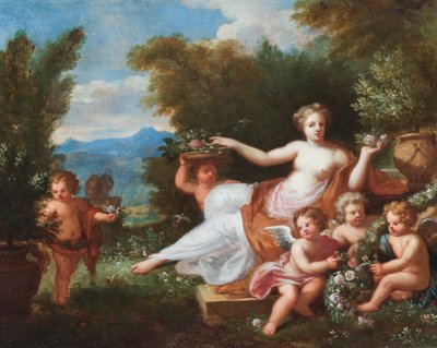 Çiçek getiren putti ile bir manzara içinde uzanmış flora. (tuval üzerine yağlıboya) by A. Diennen