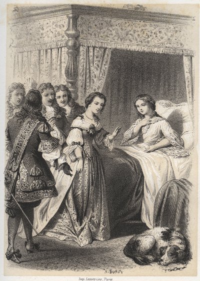 Madam Deshoulieres, Antoinette Ligier de La garde (1637-1694), hayalet korkusuyla geçen bir gecenin ardından maiyeti tarafından soru yağmuruna tutuldu. A. Duruy tarafından “” İllüstrasyonlar litteraires de la France; veya, Galerie anecdotique de nos pr by A. Duruy