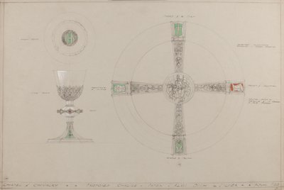 Şövalyelik Şapeli: önerilen kadeh, paten ve sadaka tabağı (gri kart üzerine kurşun kalem, mürekkep, fırça, wc ve gümüş boya) by A. Edward Jones and Co.
