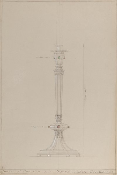 Chapel of Chivalry: önerilen gümüş şamdan (gri kart üzerine kurşun kalem, mürekkep, fırça, wc ve gümüş boya) by A. Edward Jones and Co.