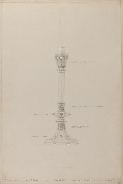 Çocuk Şapeli: önerilen gümüş şamdan, gerçek boyut (gri kart üzerine kurşun kalem, mürekkep, fırça, wc ve gümüş boya) by A. Edward Jones and Co.
