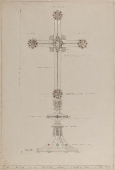 Yüksek Altar: önerilen altın ve gümüş haç, 5 ft yüksekliğinde (kalem, mürekkep, fırça, wc, gri kart üzerine gümüş ve altın boya) by A. Edward Jones and Co.