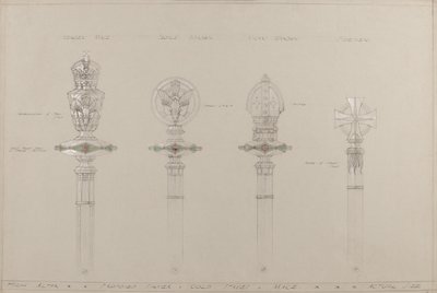 Yüksek Altar: önerilen altın ve gümüş çıtalar ve gürzler, gerçek boyut (gri kart üzerine kurşun kalem, mürekkep, fırça, wc ve gümüş boya) by A. Edward Jones and Co.