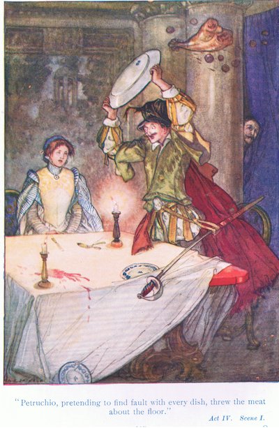 Petruchio, her yemekte bir kusur buluyormuş gibi yaparak, Tales from Shakespeare pub