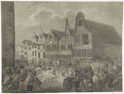 Gorinchem'deki Kortendijk boyunca kalıbın çöküşü, 1809 1809'da Kral Lodewijk Napolyon'a adanmış dört sel levhası (seri başlığı) by A. Lutz