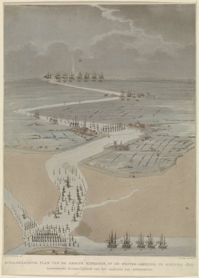 İngiliz, Hollandalı ve Fransız filolarıyla Batı Scheldt'in kuşbakışı görünümü, 1809 Ağustos 1809'da Batı Scheldt'e yapılan büyük seferin pitoresk planı (nesne üzerindeki başlık) by A. Lutz