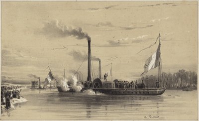 People on the shore waving off a steamship  by A Provost
