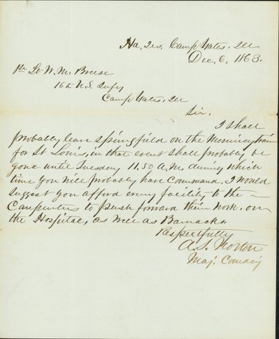 İmzalı mektup A.S. Norton, Binbaşı Komuta, Karargah, Camp Yates, Illinois, 1 Teğmen W.M. Breese, 16. ABD Piyade, Camp Gates, Ill., 6 Aralık 1863 by A. S. Norton