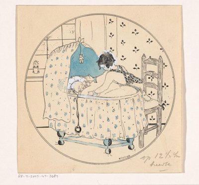 Kız bebeği beşikten kaldırmak istiyor by A. Tinbergen (signed by artist)