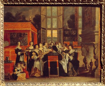 Hanımların kocalarının yokluğunda konuşmaları: Abraham Bosse (1602-1676) tarafından Akşam Yemeği Tablosu 17. yüzyıl Egouen. Ulusal Rönesans Müzesi by Abraham (after) Bosse